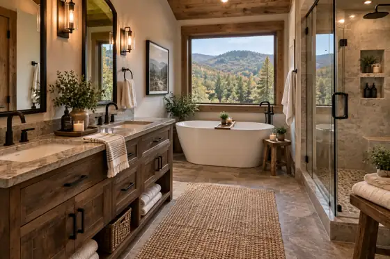 Rustic cabin bathroom with soaking tub, walk-in shower and mountain view