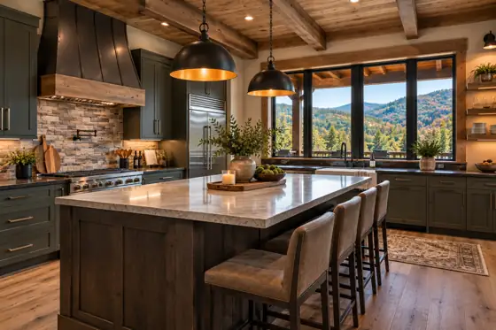 Rustic cabin kitchen with stone backsplash and mountain view