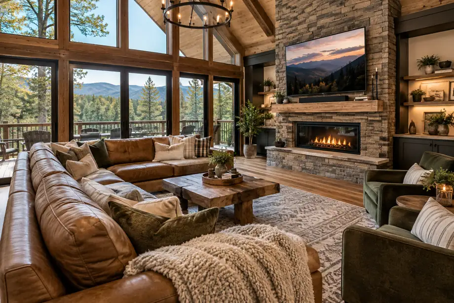 Rustic cabin living room with leather sectional, stone fireplace and mountain view