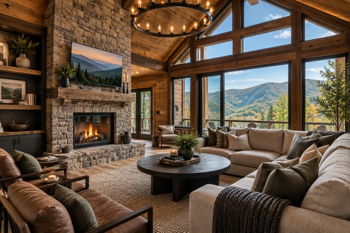 Cabin great room with stone fireplace and mountain views